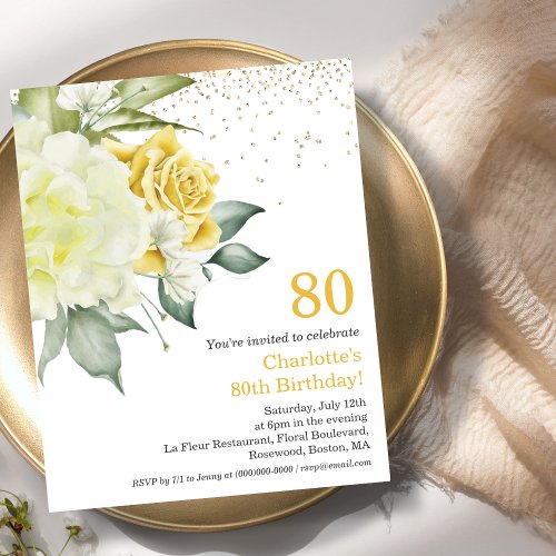 Yellow Floral 80th Budget Birthday Invitation