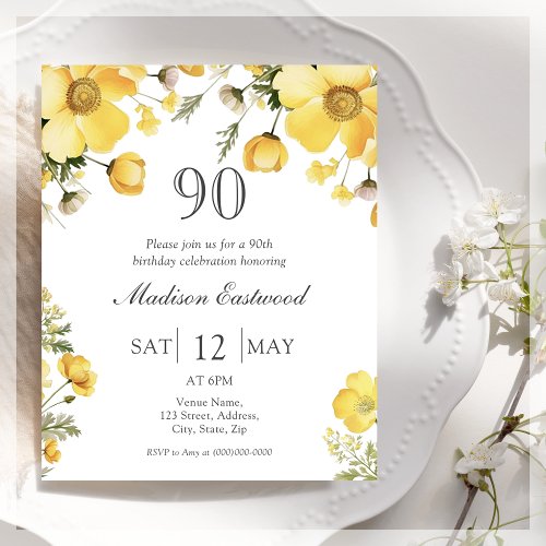 Yellow Floral 90th Birthday Budget Invitation