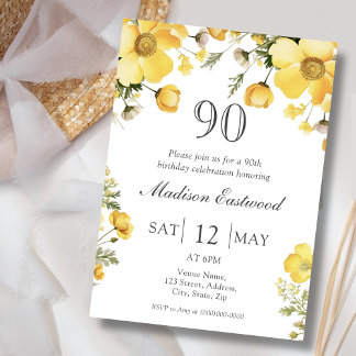 Yellow Floral 90th Birthday Invitation