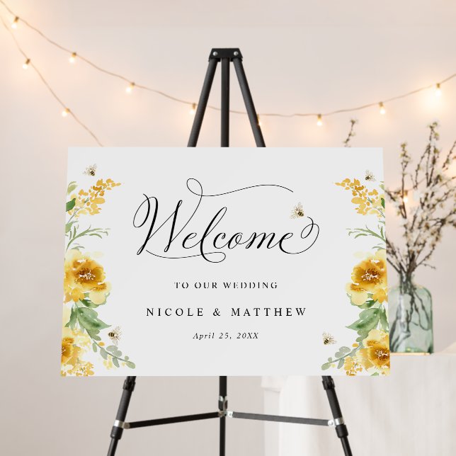 Yellow Floral and Bees, Welcome Wedding Foam Board (In Situ (Stand))