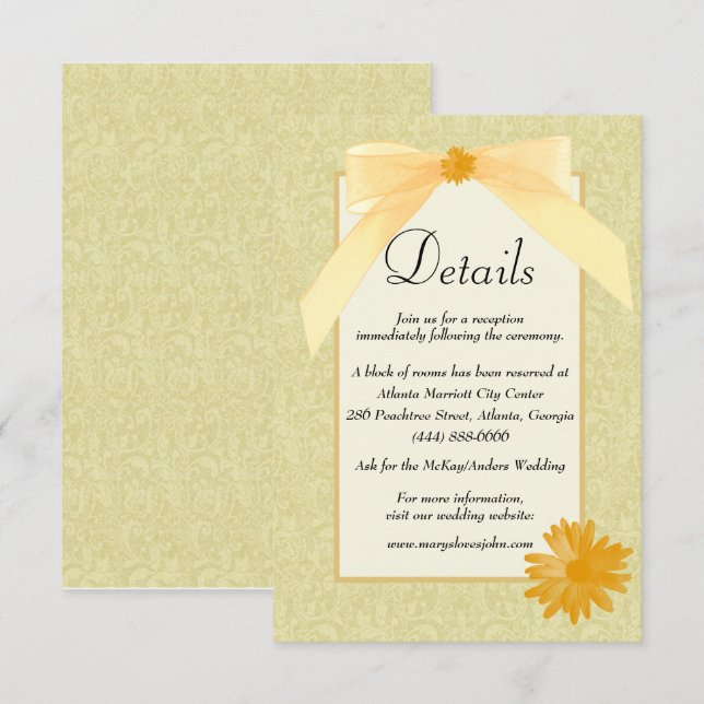 Yellow Floral And Bow Wedding Details Enclosure Card (Front/Back)