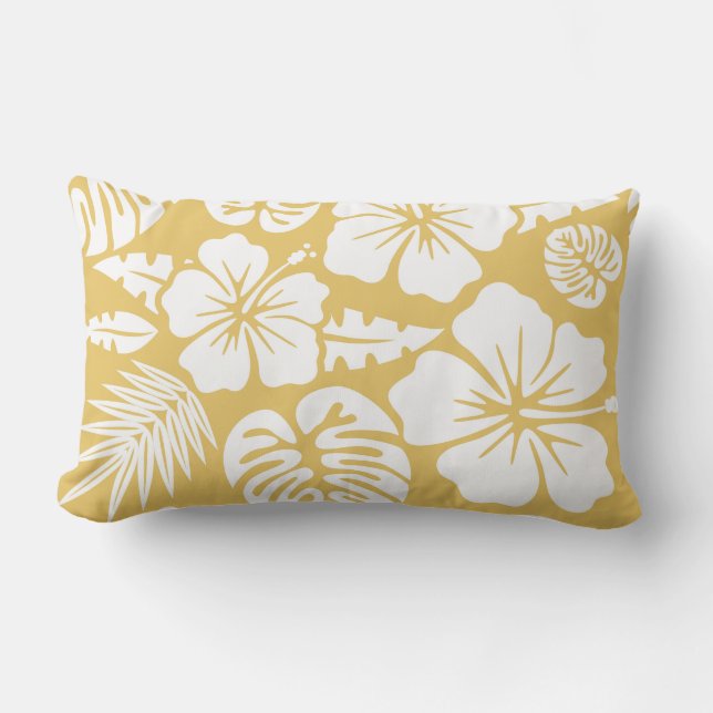Yellow Floral and Leaves Tropical Hawaiian Lumbar Pillow (Front)