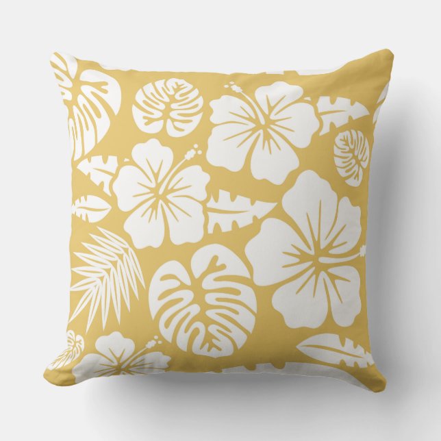 Yellow Floral and Leaves Tropical Hawaiian Throw Pillow (Front)