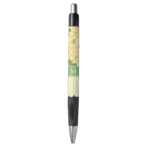 Yellow Floral and Stripes Personalised Pen