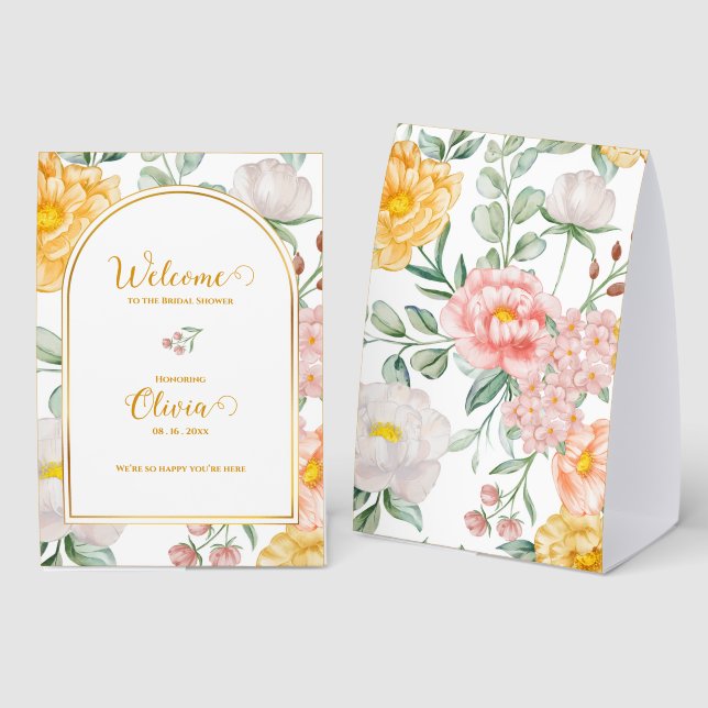 Yellow Floral Arch Design Bridal Shower Welcome  Paper Table Tent (Front/Back)
