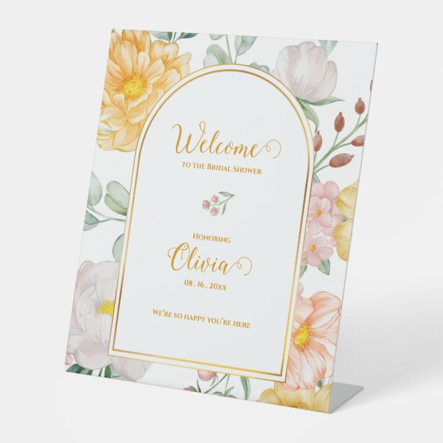 Yellow Floral Arch Design Bridal Shower Welcome  Pedestal Sign (Front)