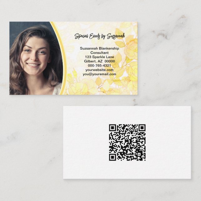 Yellow Floral Art Professional Photo with QR Code Business Card (Front/Back)