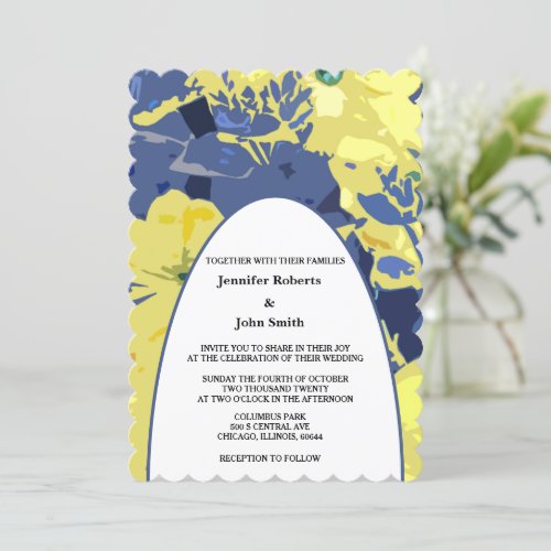 Yellow Floral Artsy Dusty Blue Custom Arch Wedding Invitation