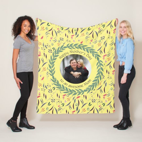 Yellow Floral AWESOME MOM with PHOTO Mothers Day Fleece Blanket