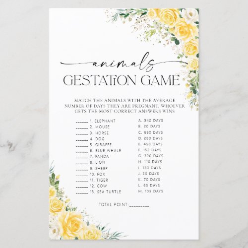 Yellow Floral Baby Shower Animals Gestation Game