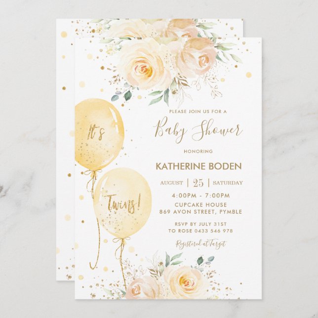 Yellow Floral Balloons Neutral Twins Baby Shower Invitation (Front/Back)
