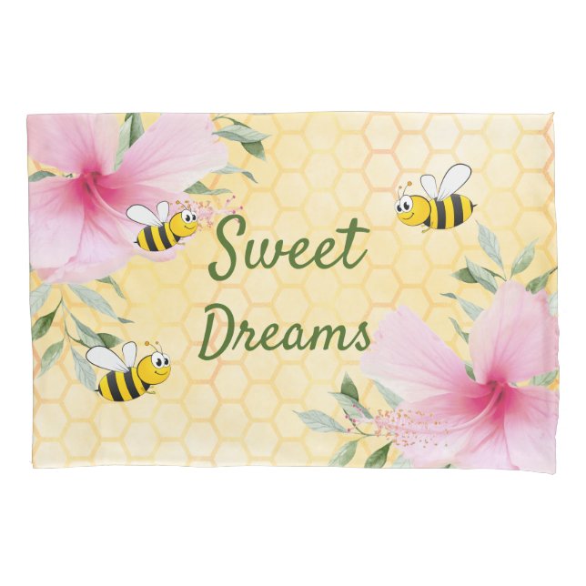 Yellow floral bees sweet dreams honeycomb pillow case (Front)