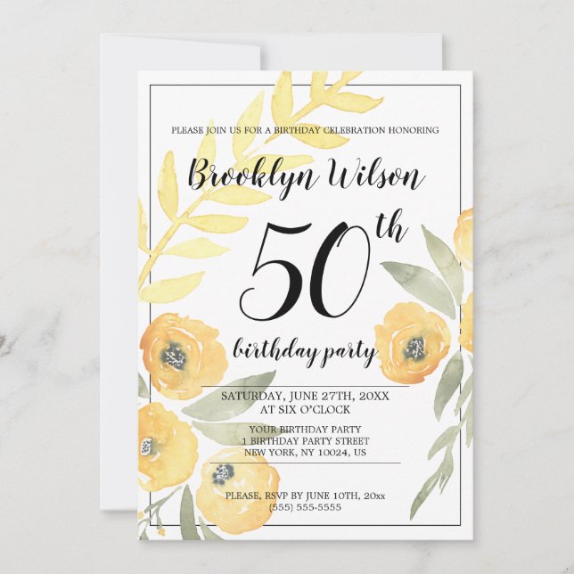 Yellow Floral Birthday Party Invites (Front)