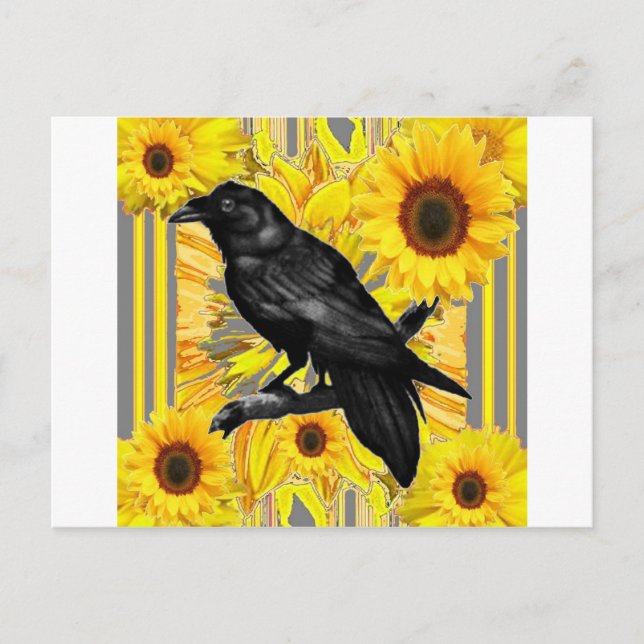 yellow floral  black crow & sunflowers art postcard (Front)