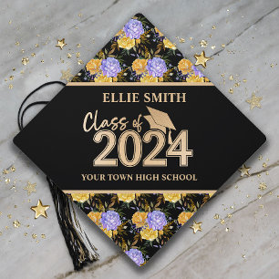 Yellow Floral Black Gold Class 2024 Graduation  Cap Topper