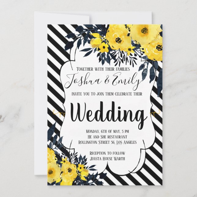 Yellow Floral Black Strips Wedding Invitation (Front)