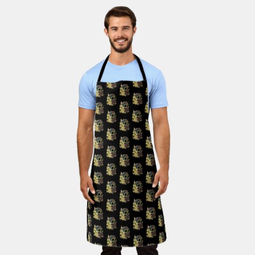Yellow Floral Black Sugar Skull Day Of The Dead Apron