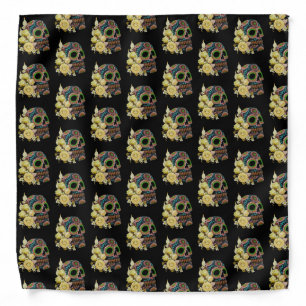 Yellow Floral Black Sugar Skull Day Of The Dead Bandana