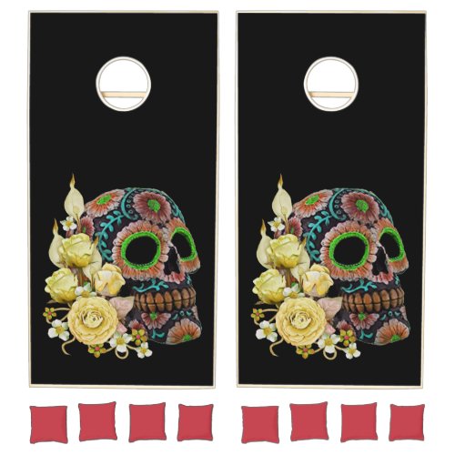 Yellow Floral Black Sugar Skull Day Of The Dead Cornhole Set