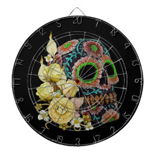 Yellow Floral Black Sugar Skull Day Of The Dead Dart Board