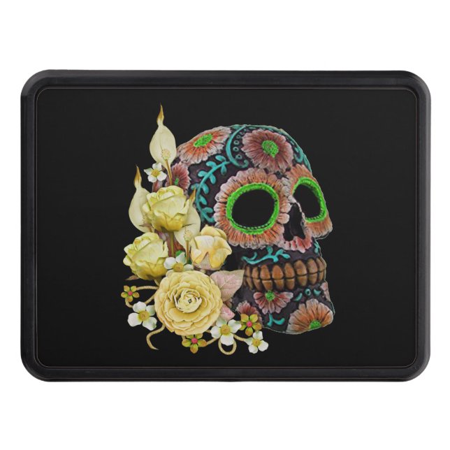 Yellow Floral Black Sugar Skull Day Of The Dead Hitch Cover (Front)