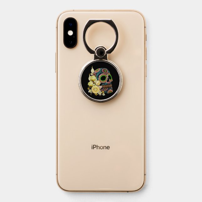 Yellow Floral Black Sugar Skull Day Of The Dead Phone Ring Stand (On Phone)