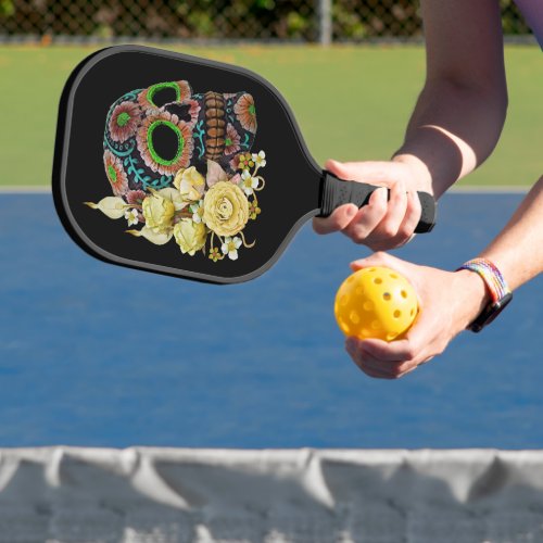 Yellow Floral Black Sugar Skull Day Of The Dead Pickleball Paddle