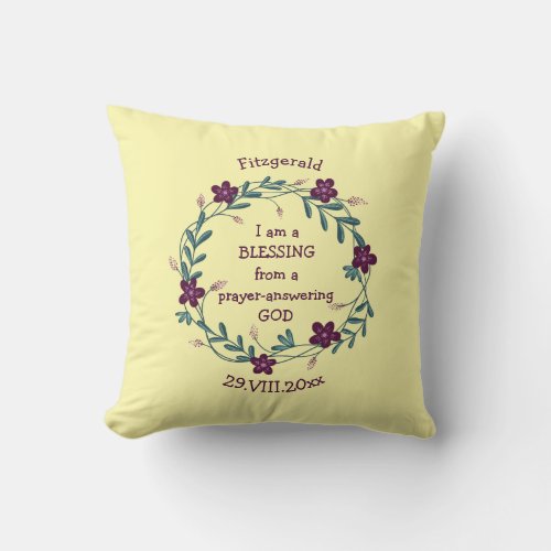 Yellow Floral Blessing Personalized Christian Baby Throw Pillow