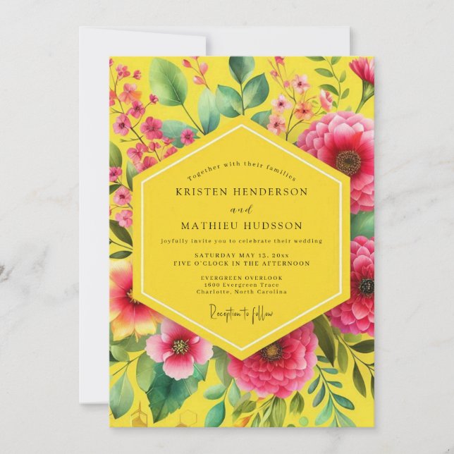 Yellow Floral Blossom Romance Wedding Invitation (Front)