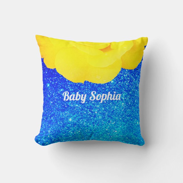 Yellow Floral Blue Glitter Princess Girl Room Cute Throw Pillow (Front)