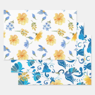 Yellow Floral blue tiles Italian bridal shower Wrapping Paper Sheets