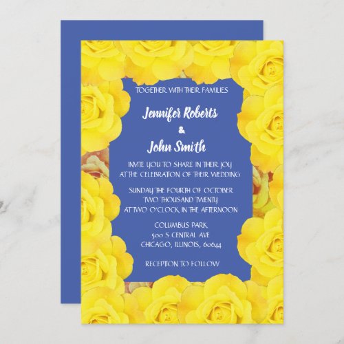 Yellow Floral Blue Vintage Rose QR Code Wedding Invitation