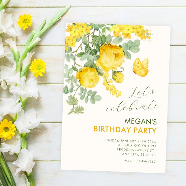 Yellow floral branch birthday invitation (Creator Uploaded)