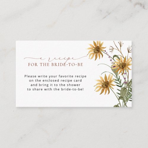 Yellow Floral Bridal Shower Recipe Request  Enclosure Card
