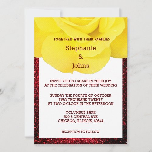 Yellow Floral Burgundy Red Glittery Wedding 2023 Invitation