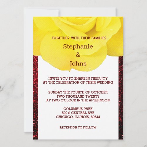 Yellow Floral Burgundy Red Glittery Wedding Invitation