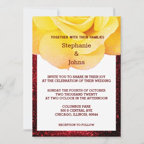 Yellow Floral Burgundy Red Glittery Wedding Ombre Invitation