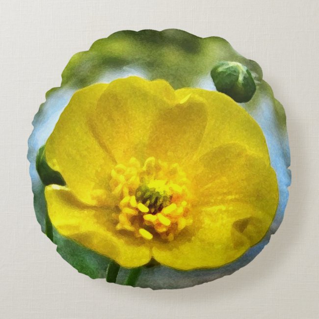Yellow Floral Buttercup Flower Round Pillow