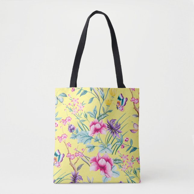 Yellow Floral & Butterflies Pattern Tote Bag (Front)