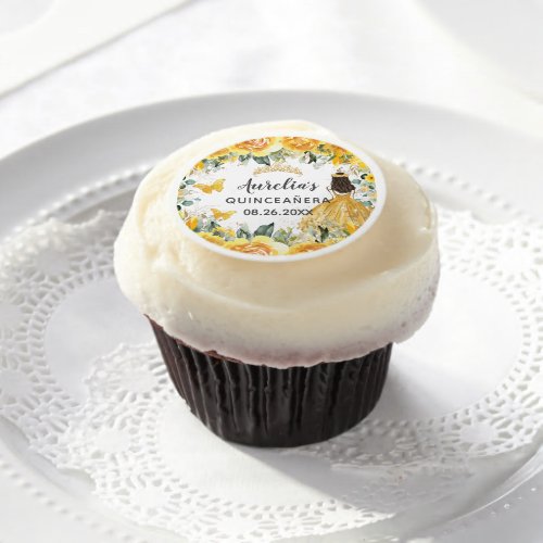 Yellow Floral Butterflies Princess Quinceaera Edible Frosting Rounds