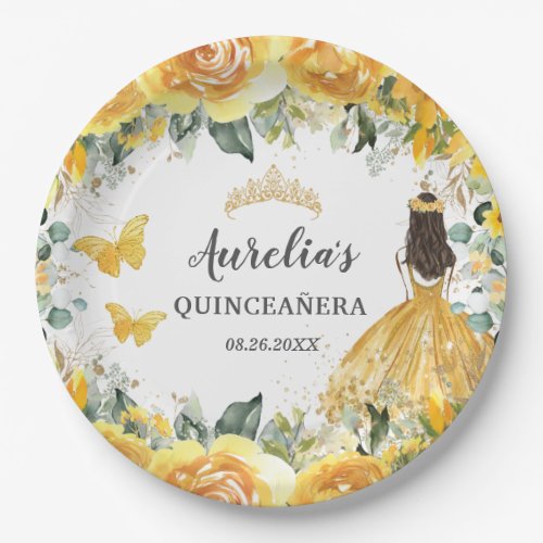 Yellow Floral Butterflies Princess Quinceanera  Paper Plates