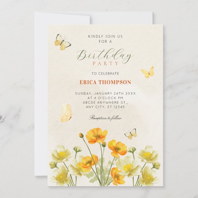 Yellow floral butterfllies  invitation (Front)