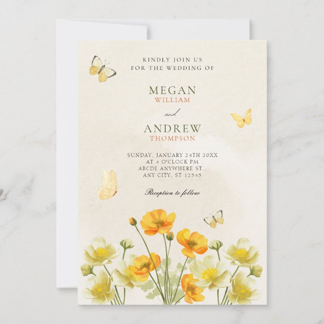 Yellow floral butterfllies wedding invitation (Front)
