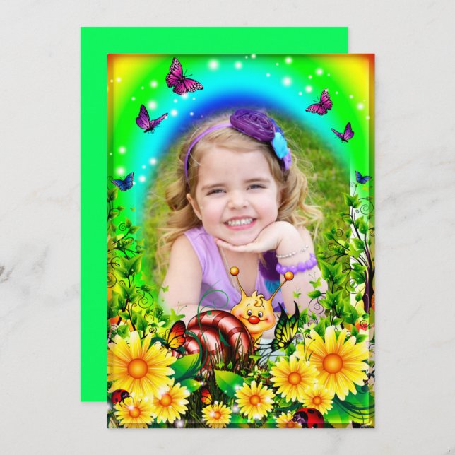 Yellow Floral Butterfly And Snail Photo Birthday Invitation (Front/Back)