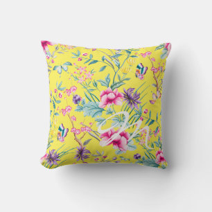 Yellow Floral & Butterfly Monogram Throw Pillow