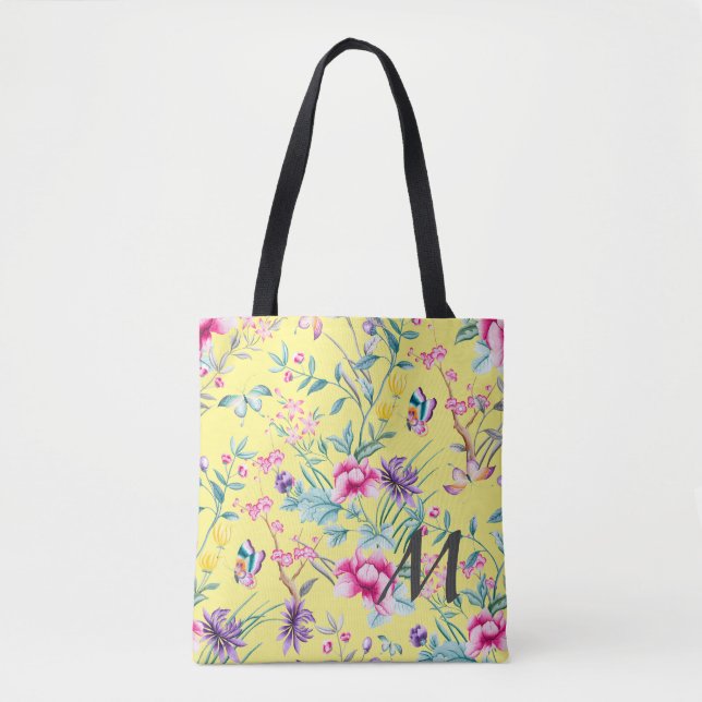 Yellow Floral & Butterfly Monogram Tote Bag (Front)