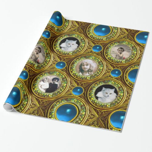 YELLOW FLORAL CHRISTMAS CROWNBLUE GEM PHOTO FRAME WRAPPING PAPER