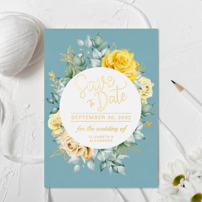 Yellow floral classy dusty blue wedding Save Date Foil Invitation (Creator Uploaded)