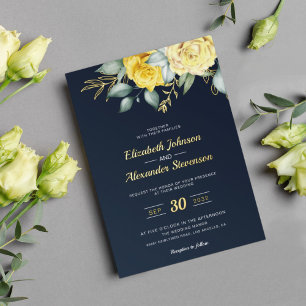Yellow floral classy greenery navy blue wedding foil invitation