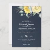 Yellow floral classy greenery navy blue wedding invitation (Front)
